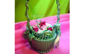 Basket with flowers ribbons and plastic boxes 2