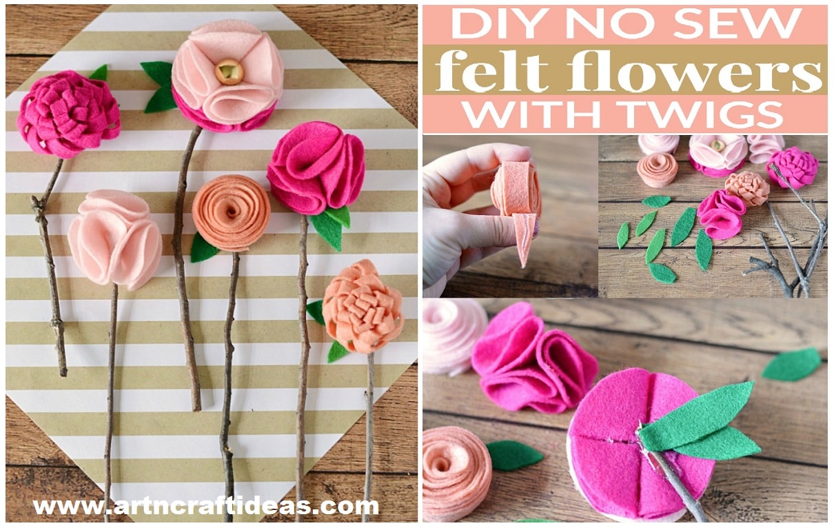DIY Handmade No Sew Felt Flowers With Twigs Mother's Day Craft Ideas