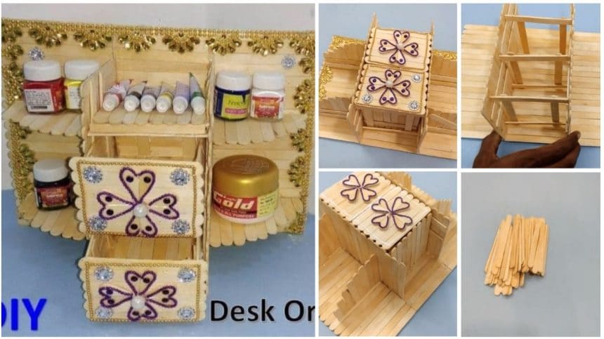 How To Make Desk Organizer From Ice Cream Stick Art Craft Ideas