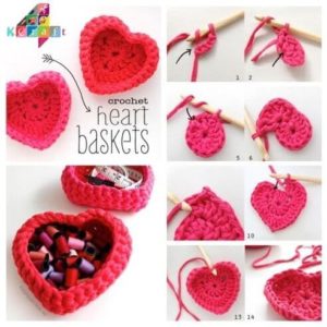 diy crochet heart shaped storage baskets out of used t shirt